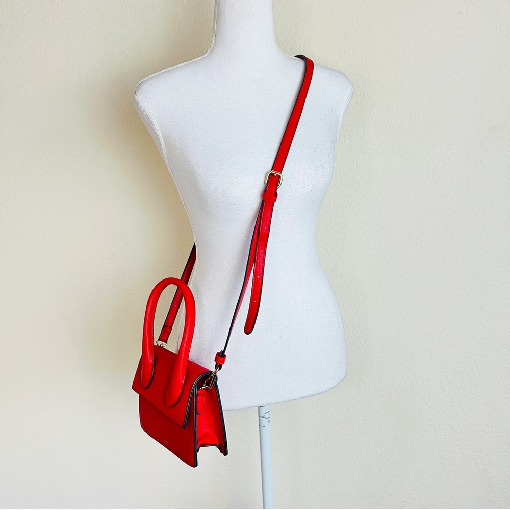 Red & Gold Leather Top Handle Cross Body Flap Mini Purse Bag